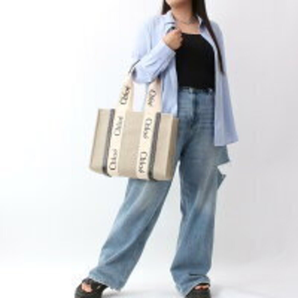 Chloe Woody Blue Beige Full Navy Blue Bag White Tote